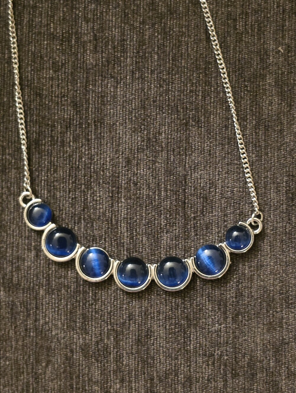 Elegant Blue Glass Cabochon Necklace - Sterling-Tone Chain